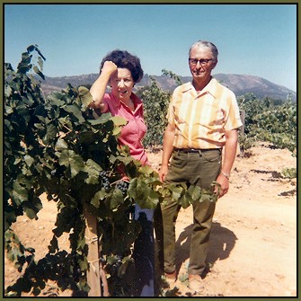 Allane and Clarence Wolcott in the Wolcott Vineyard, Dry Creek Valley, Sonoma County, California circa 1960's.